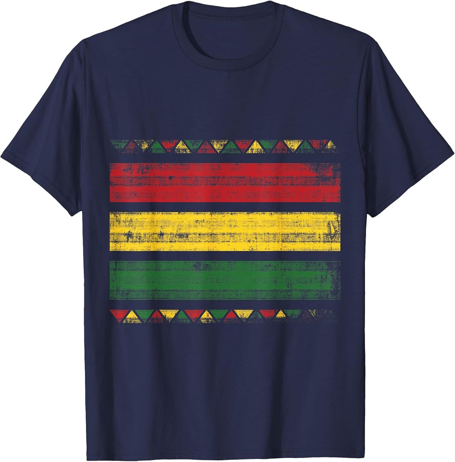 African Colors Red Green and Yellow Distressed T-Shirt - Navy Blue