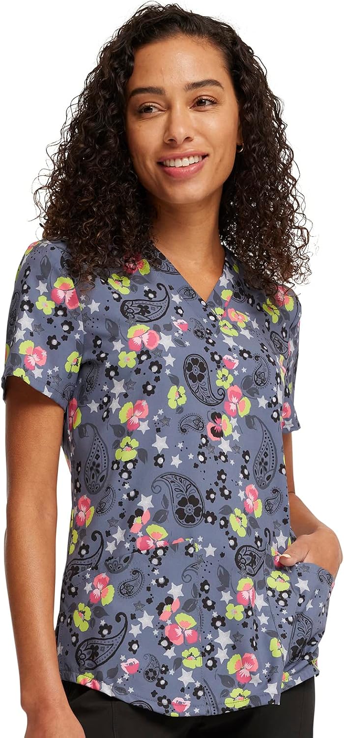 Cherokee Prints Women Scrubs Top V-Neck Print CK662 - Paisley Petals