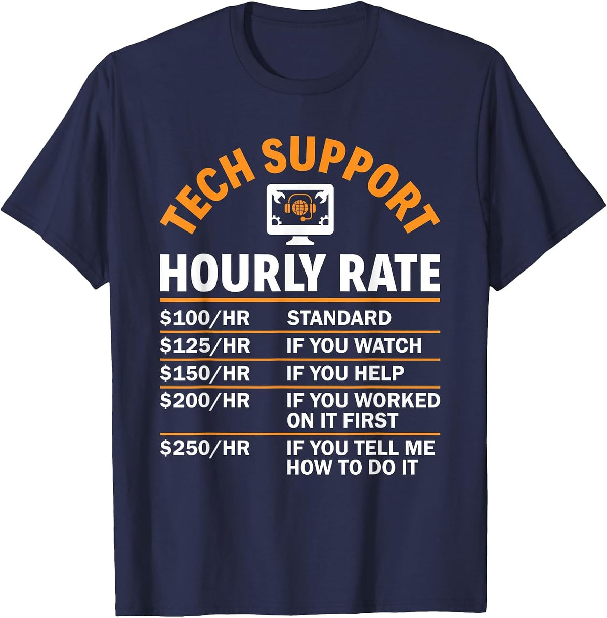 Tech Support Hourly Rate Computer Nerd Sysadmin Tech Support T-Shirt - Navy Blue