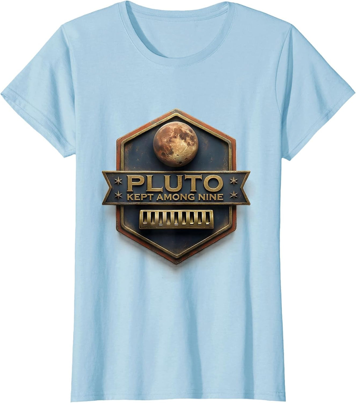 Women's Pluto, Kept Among Nine Funny Retro Astronomy Space Science T-Shirt - Baby Blue