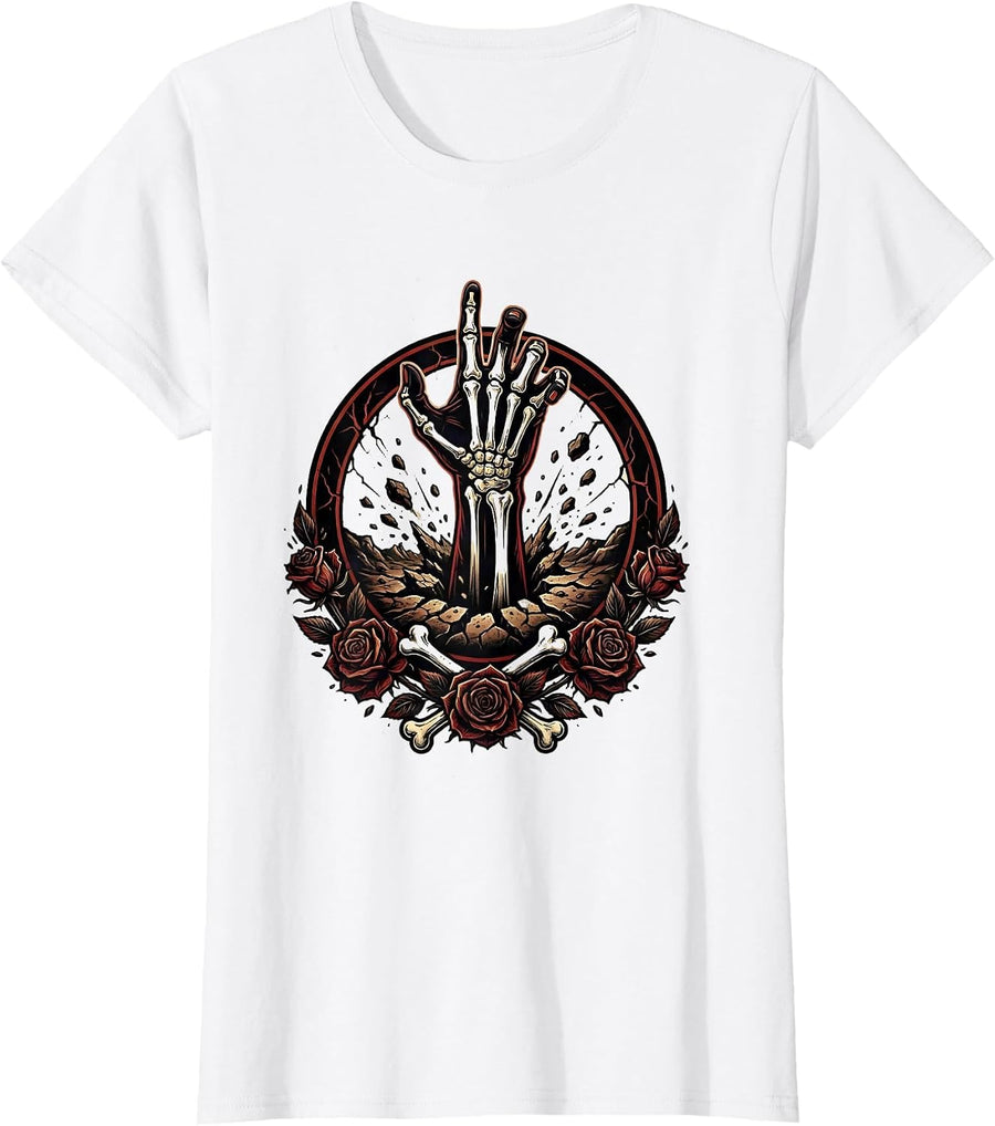 Women's Skeleton Hand Rising From Grave Graphic T-Shirt - White