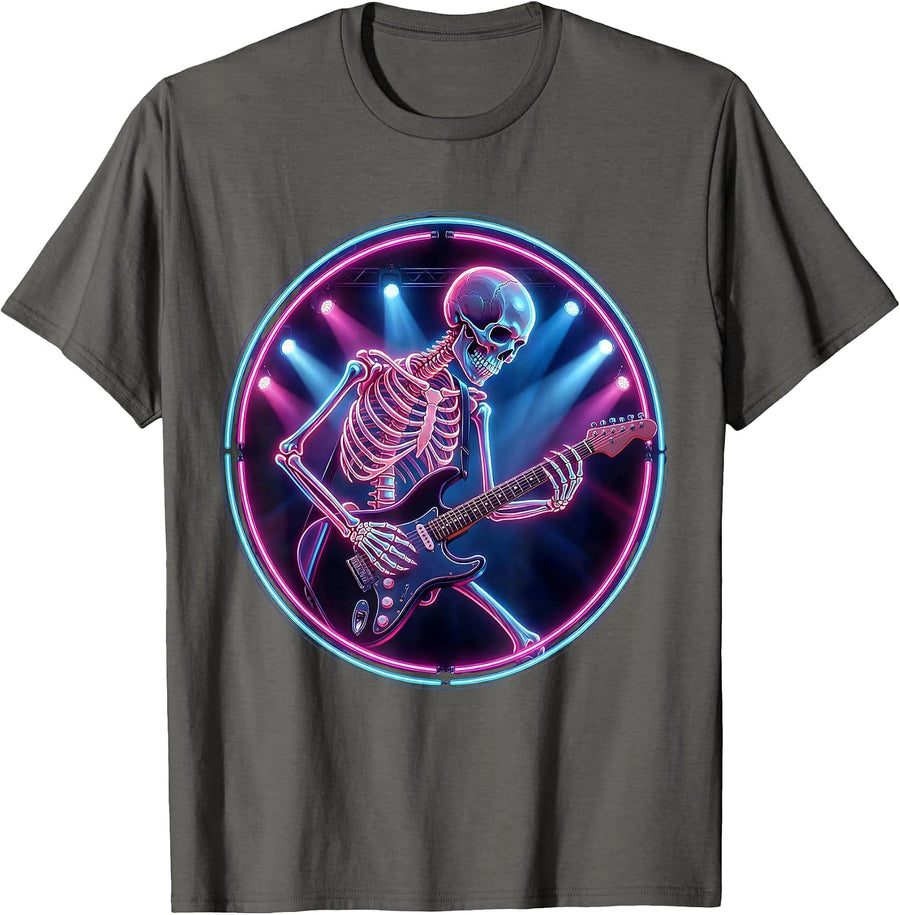 Skeleton Guitar Shredder 80s Rock Band Stage T-Shirt - Asphalt Grey