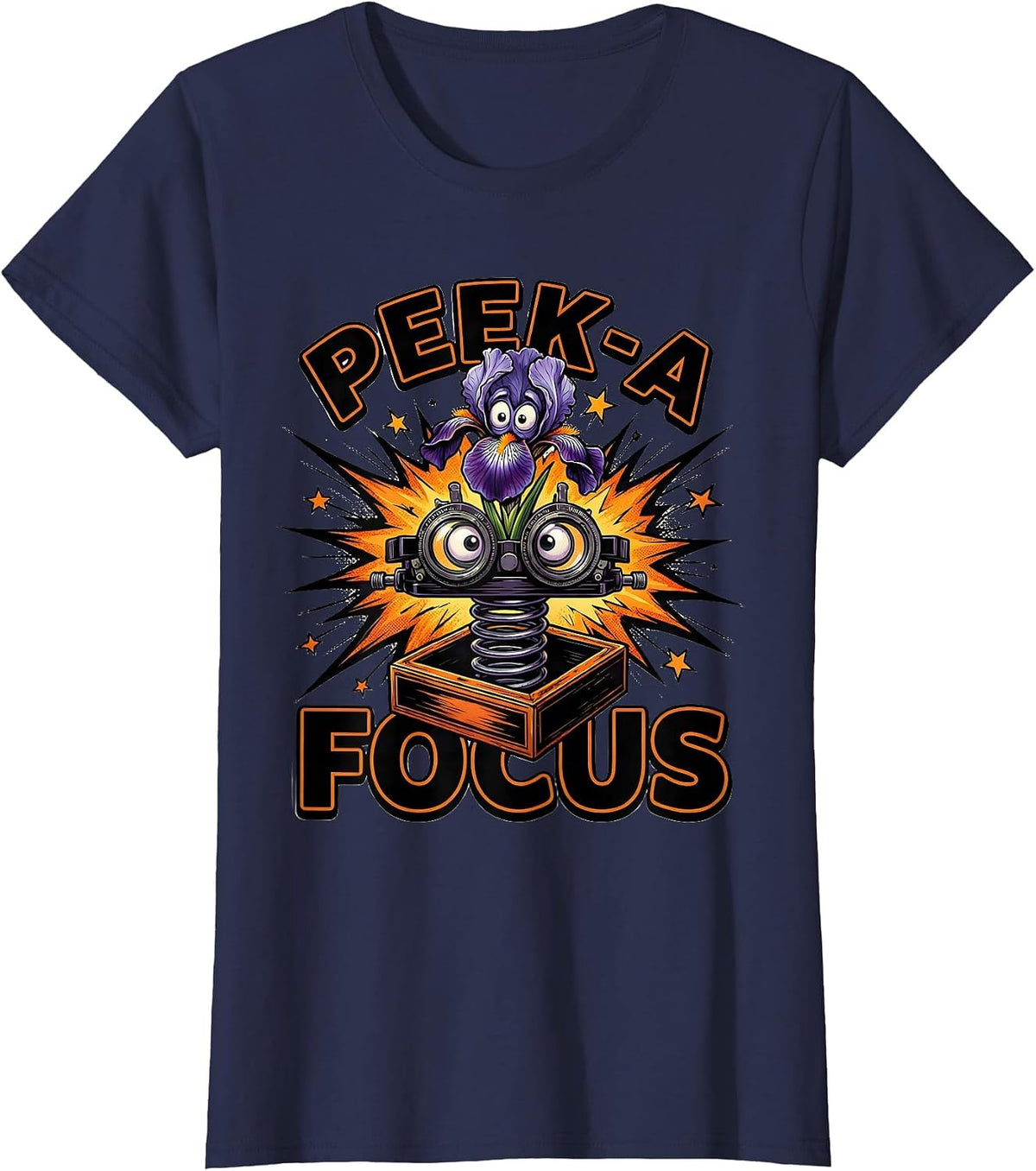 Women's Peek-a-Focus Comic Book Halloween Optometrist Eye Doctor T-Shirt - Navy Blue