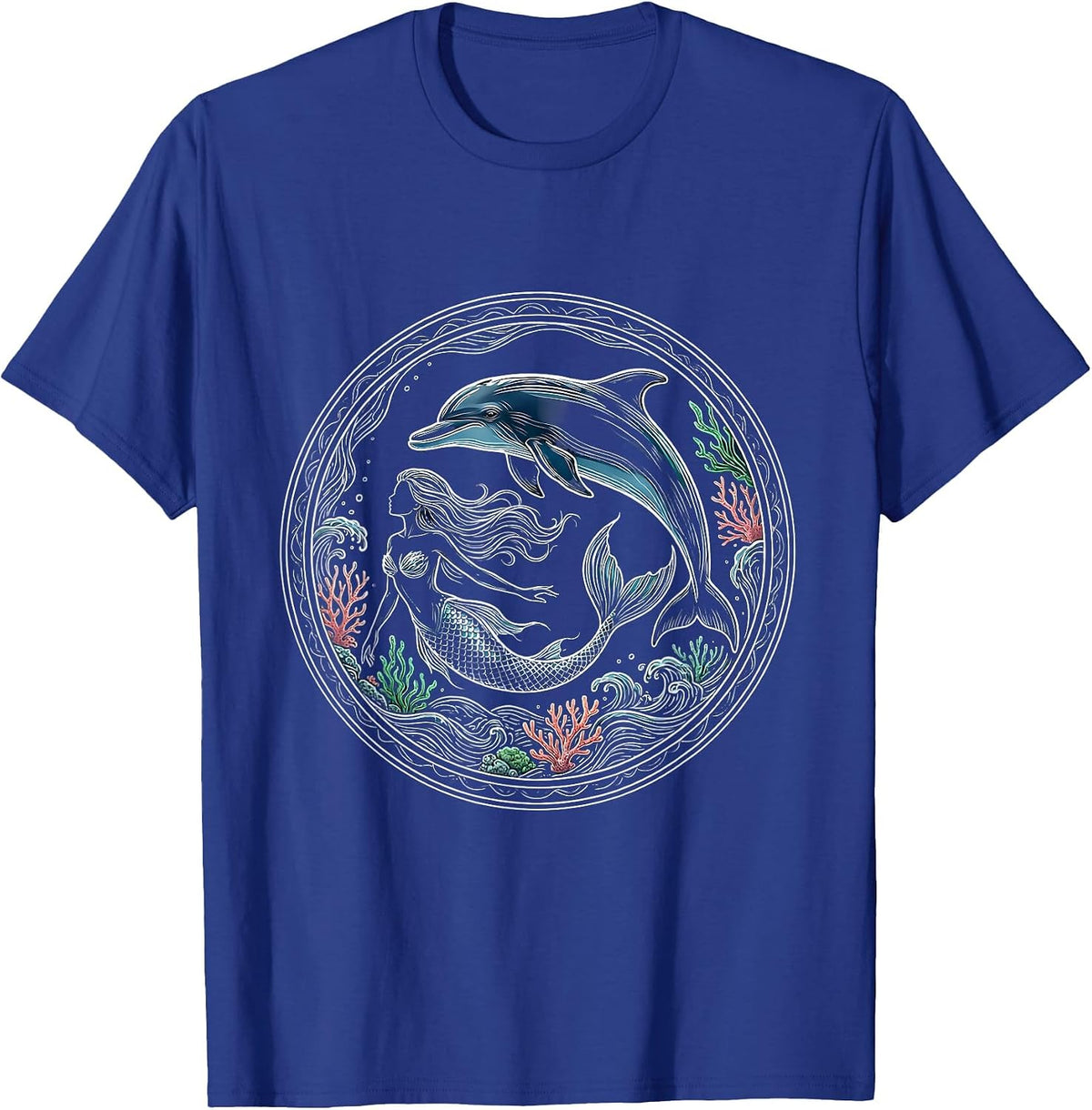 Mermaid and Dolphin Ocean Swimming Illustration T-Shirt - Royal Blue