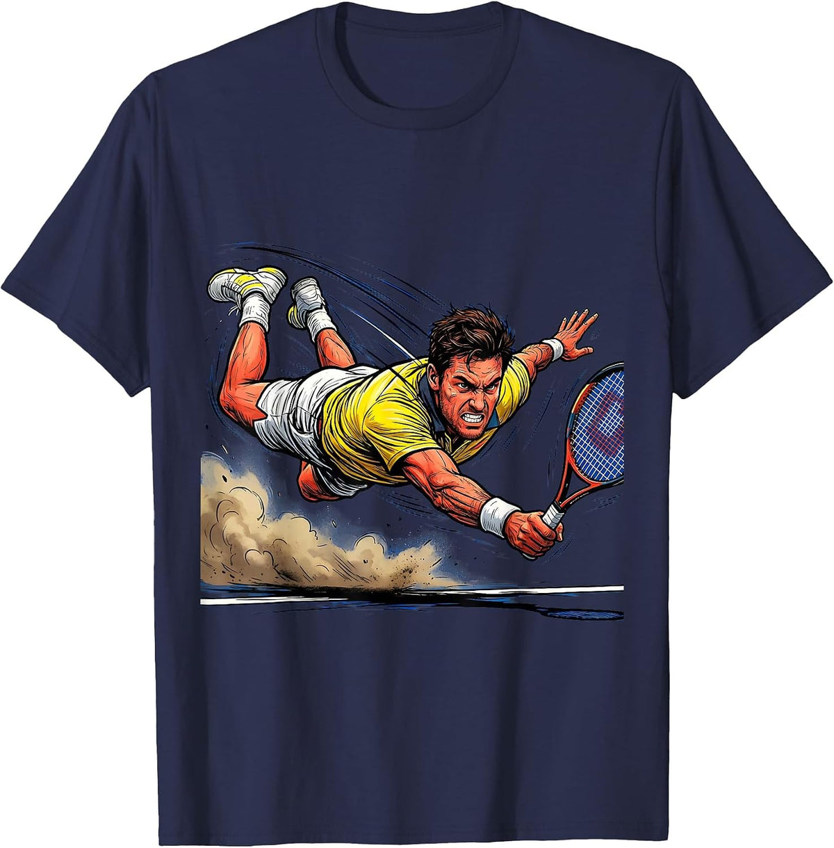 Tennis Player Diving Low Backhand Shot Graphic T-Shirt - Navy Blue