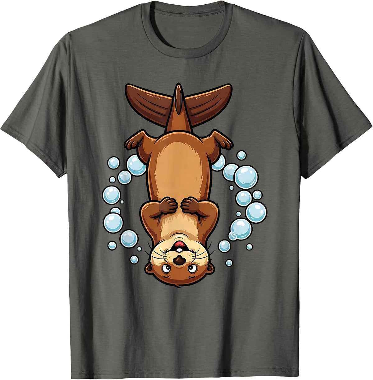 Otter Diving Into Dark Water Illustration T-Shirt - Asphalt Grey