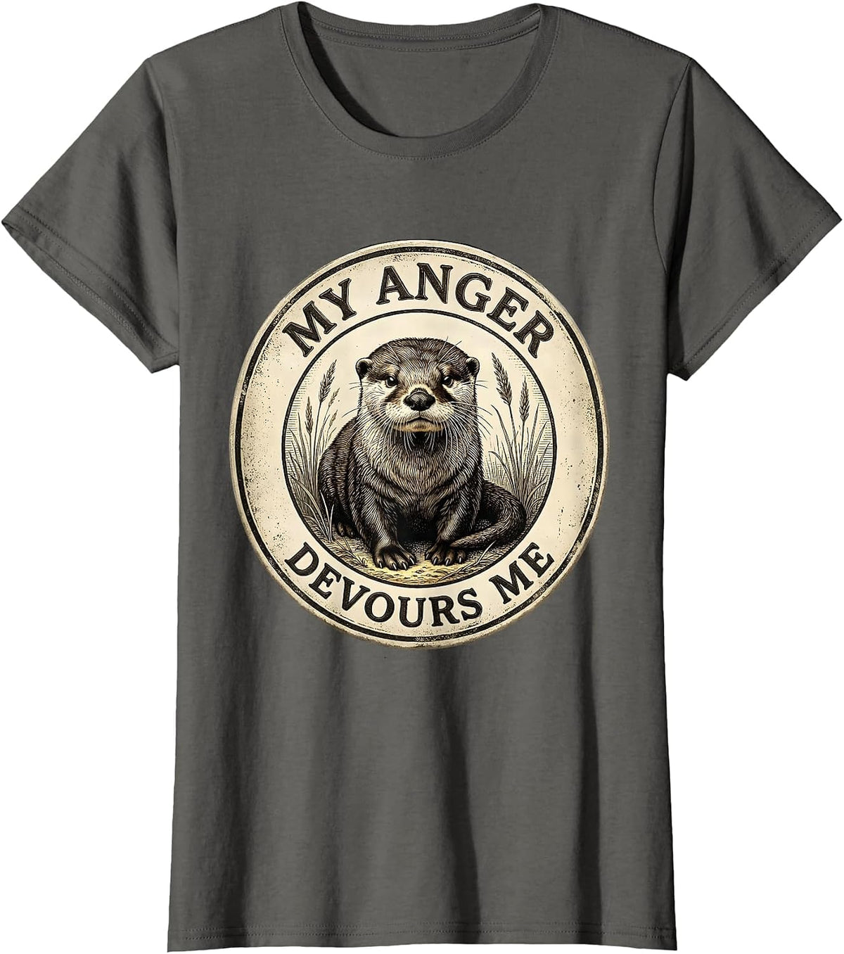 Women's My Anger Devours Me Funny Irony Cute Baby Otter Vintage T-Shirt - Asphalt Grey