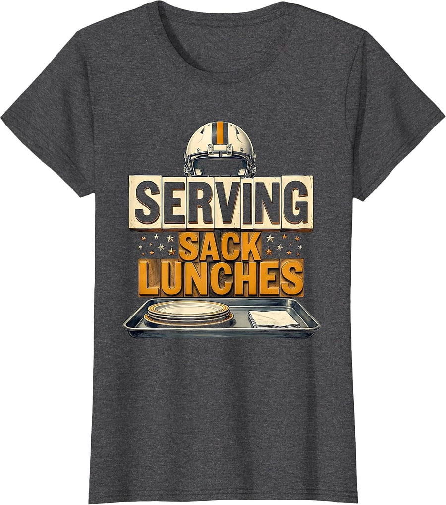 Women's Serving Sack Lunches Funny Football Lineman Offensive T-Shirt - Dark Heather Grey