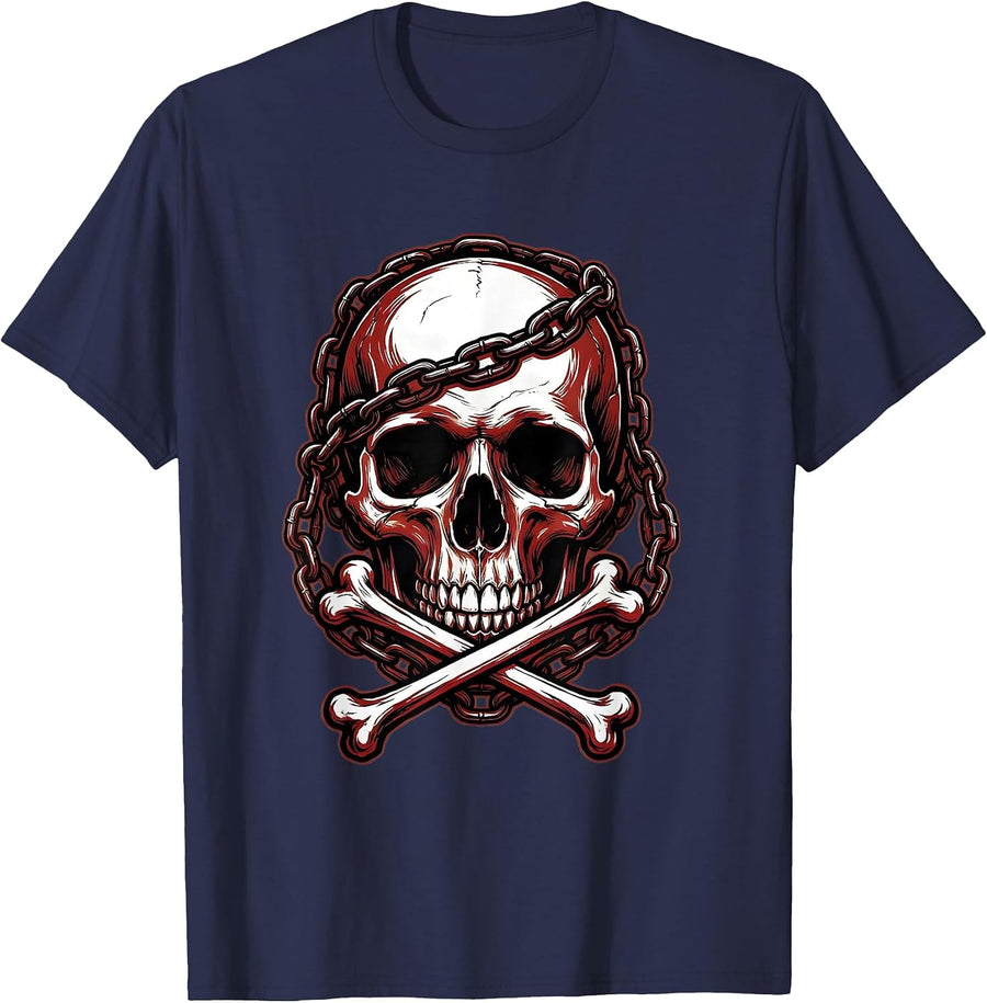 Skull Anchor Chain Crossbones Graphic T-Shirt - Navy Blue