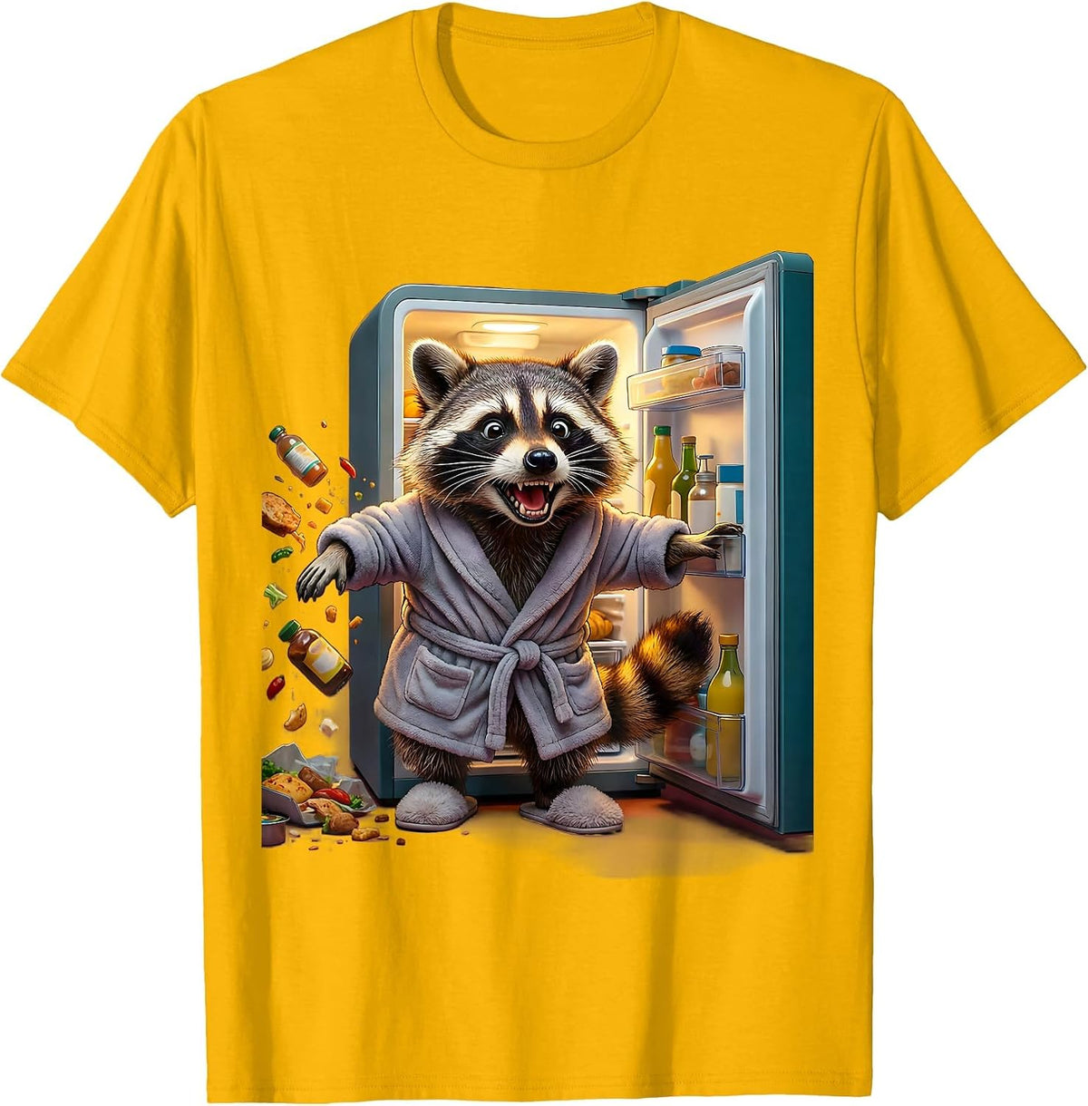 Raccoon Midnight Fridge Raid Funny Illustration T-Shirt - Golden Yellow