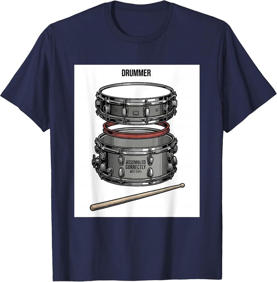 Drummer Assembled Correctly Most Days Funny Drummer Humor T-Shirt - Navy Blue