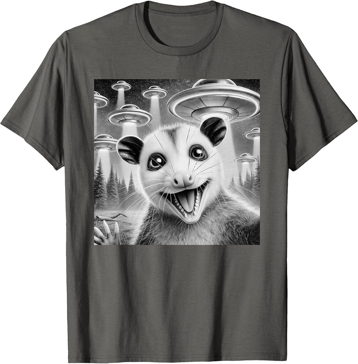 Opossum Selfie with Alien UFO Meme Men Women Kids T-Shirt - Asphalt Grey