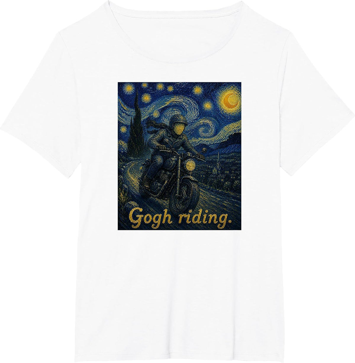 Gogh Riding Motorcycle Funny Van Gogh Motorbike Rider Biker T-Shirt - White