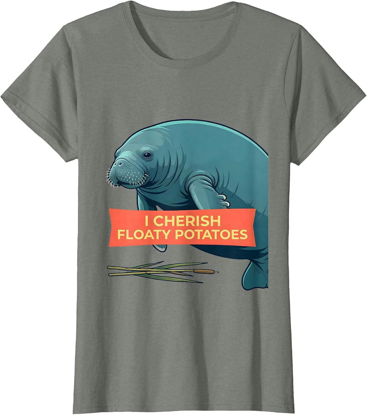 I Cherish Floaty Potatoes Funny Manatee Lover Marine Animal T-Shirt - Olive Heather