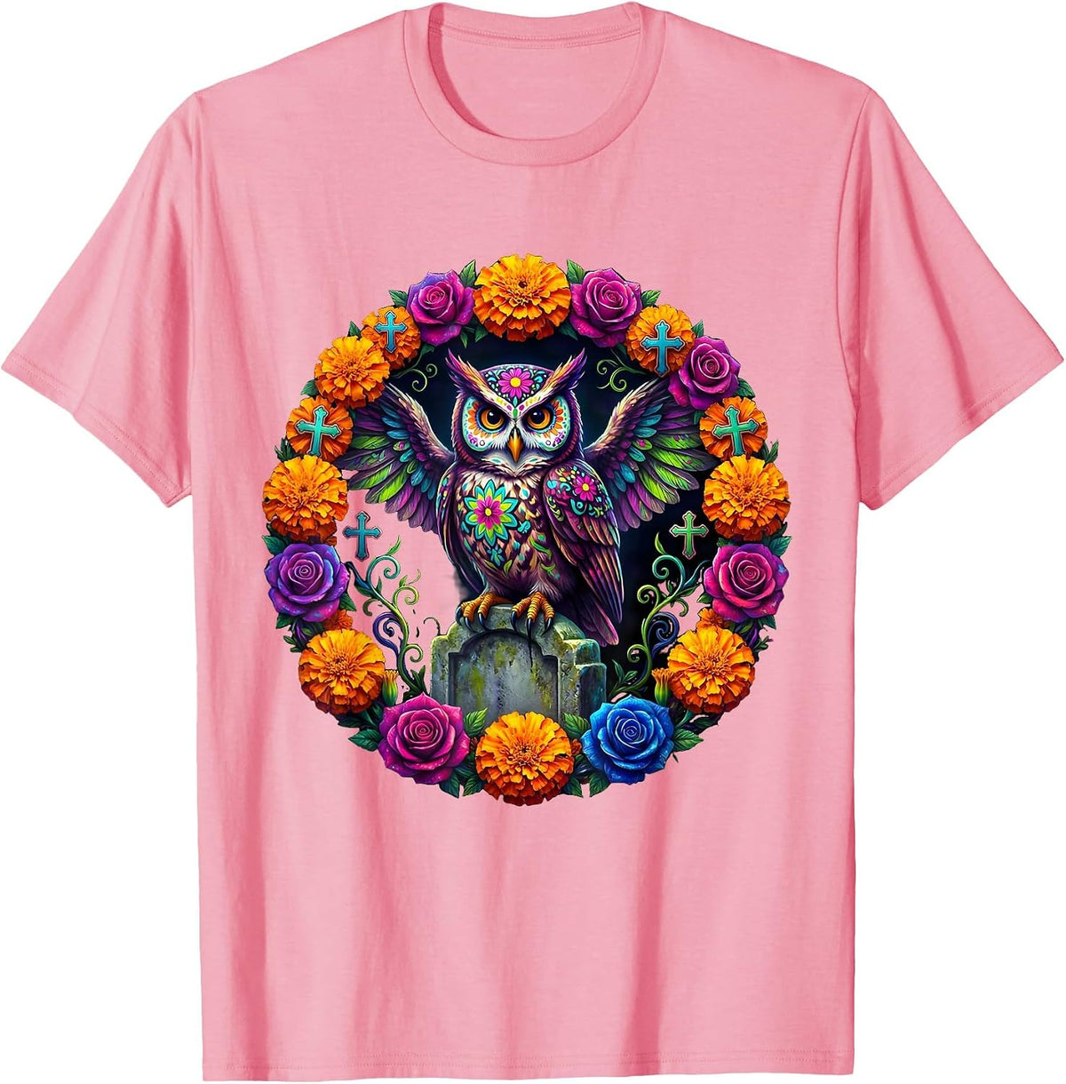 Men's Day of the Dead Owl on Gravestone Design T-Shirt - Pink