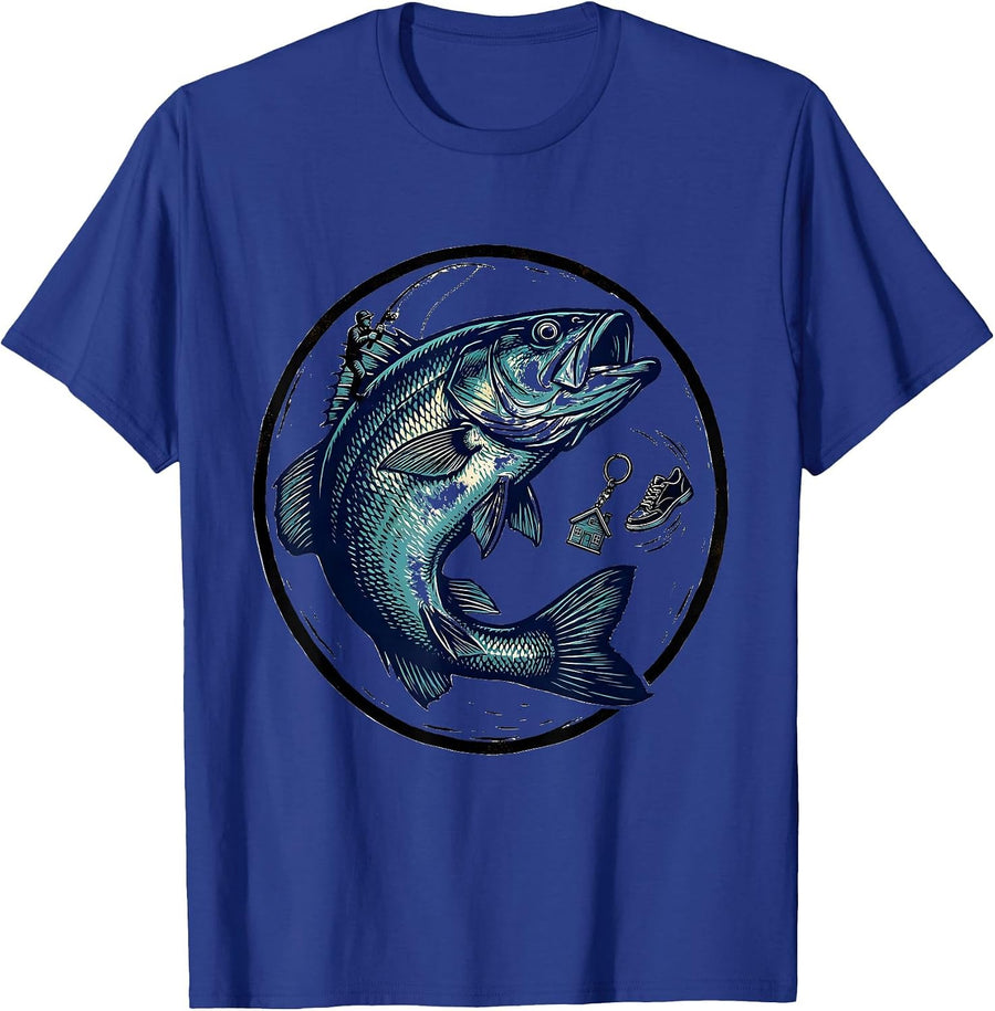 Leaping Bass Linocut Funny Fishing Dad Humor T-Shirt - Royal Blue