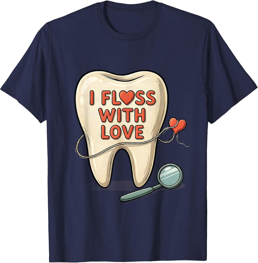 I Floss With Love Cute Dental Professional Valentines Day T-Shirt - Navy Blue