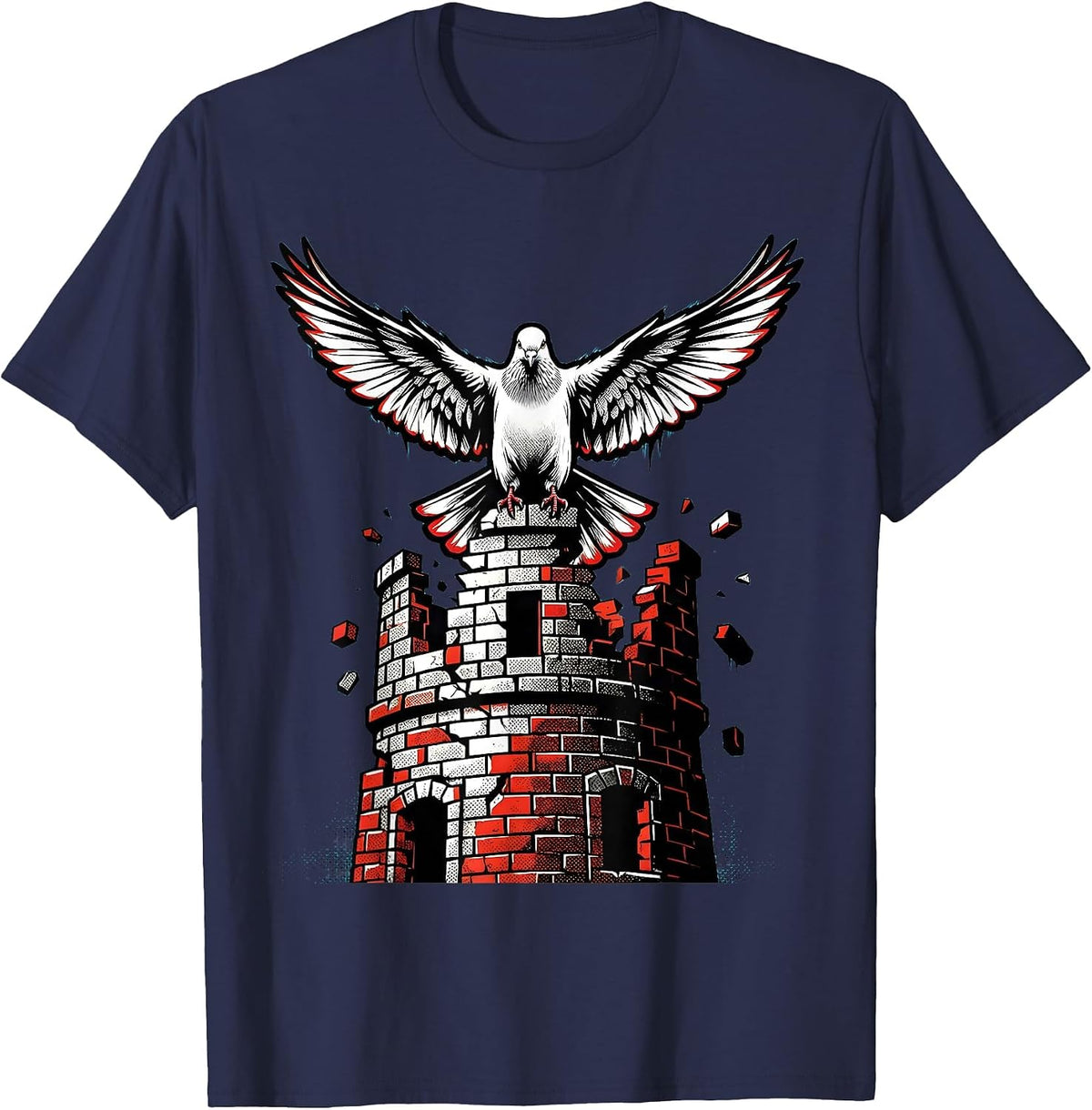 Dove Perched on a Crumbling Tower Illustration T-Shirt - Navy Blue