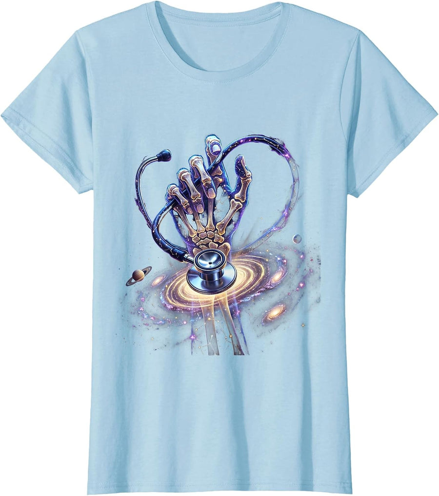 Women's Skeletal Hand Stethoscope Radiology Graphic T-Shirt - Baby Blue