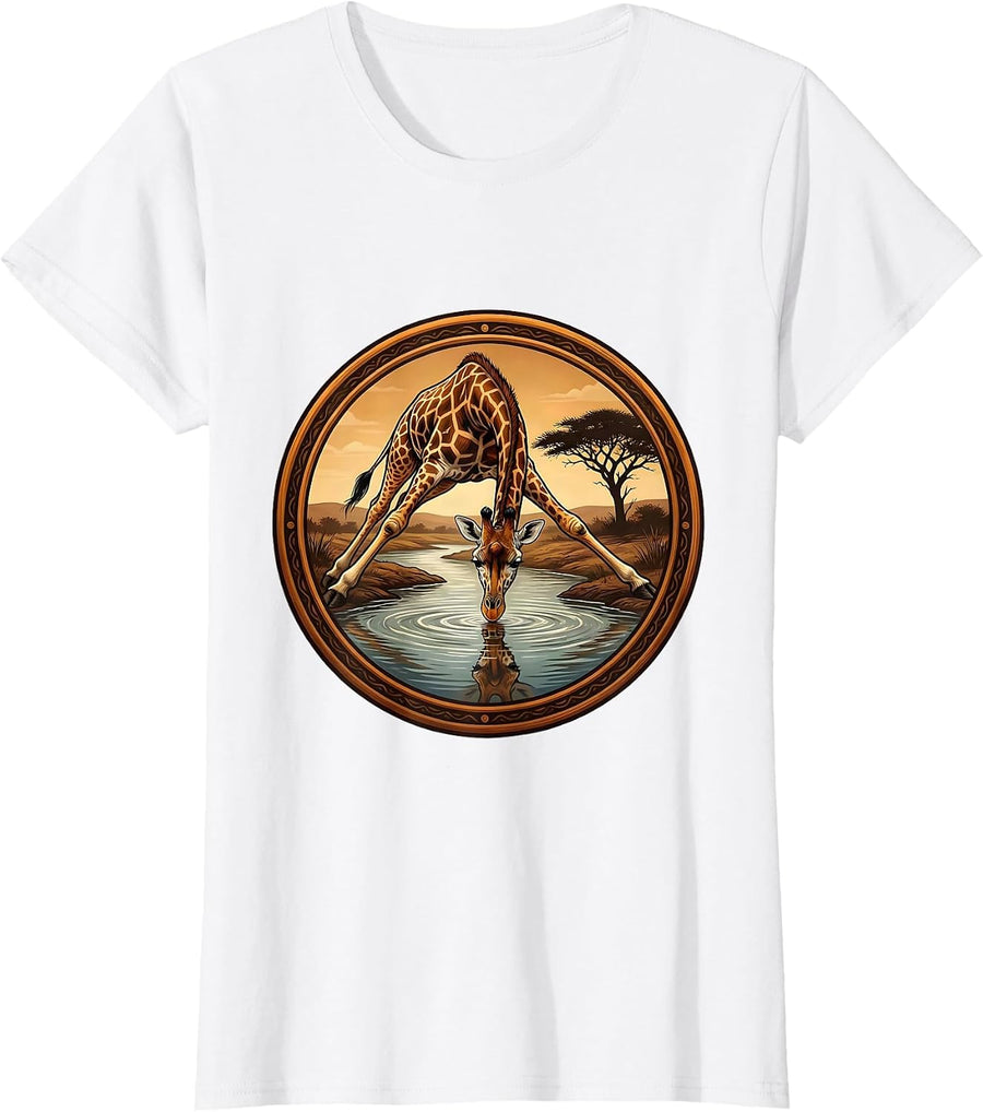 Women's Giraffe Bending Down to Drink From River T-Shirt - White