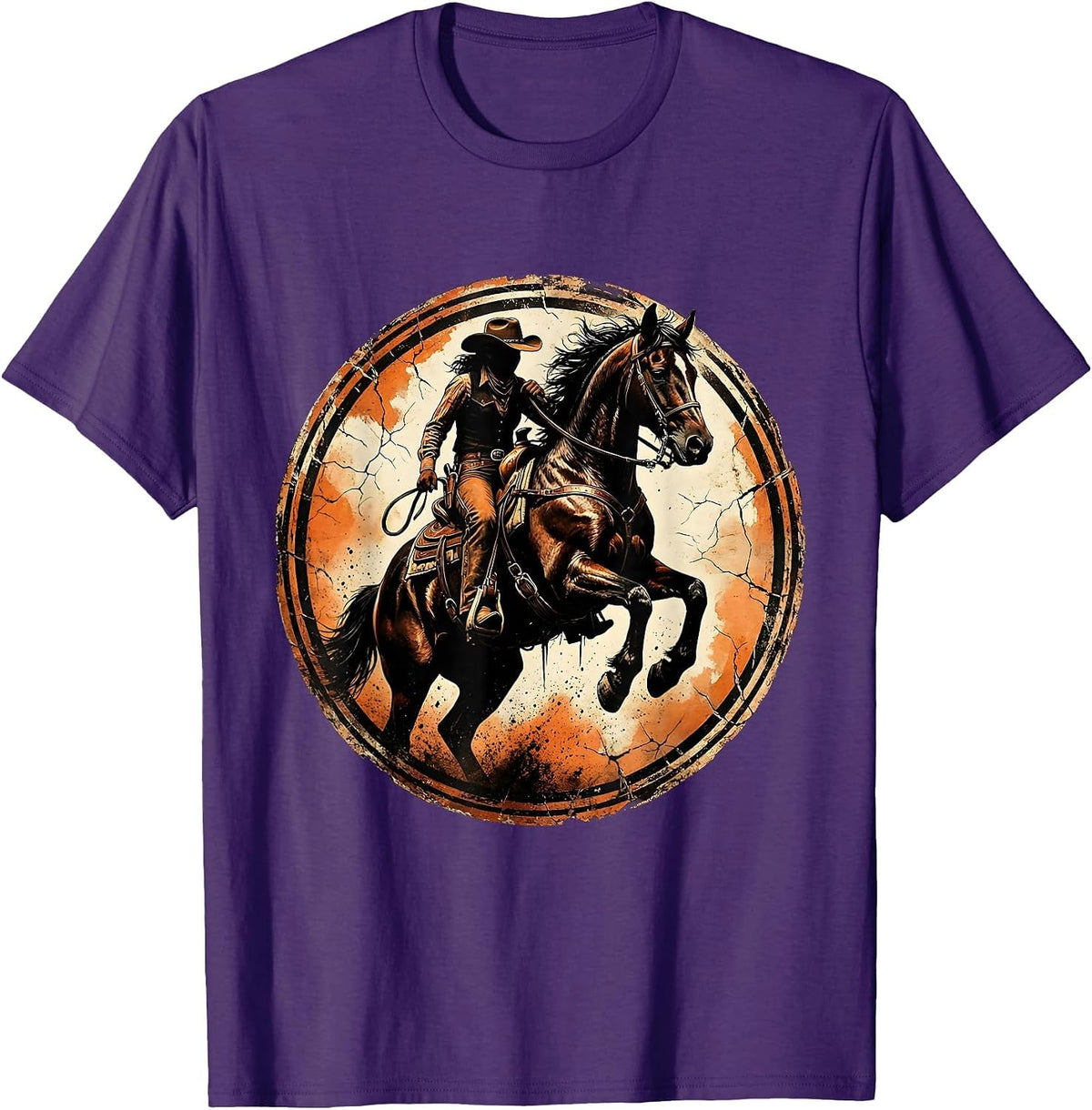 Cowgirl Taming Rearing Horse Arena Graphic T-Shirt - Purple