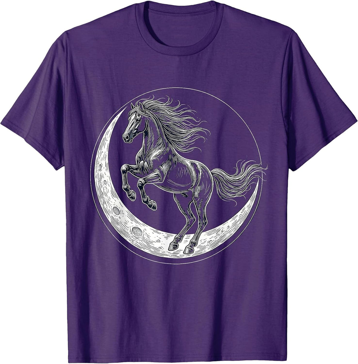 Horse Leaping Over Crescent Moon Graphic T-Shirt - Purple