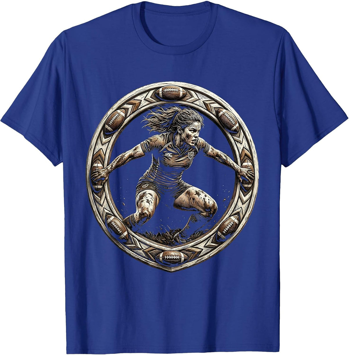 Men's Muddy Rugby Player Battle Stance Illustration T-Shirt - Royal Blue