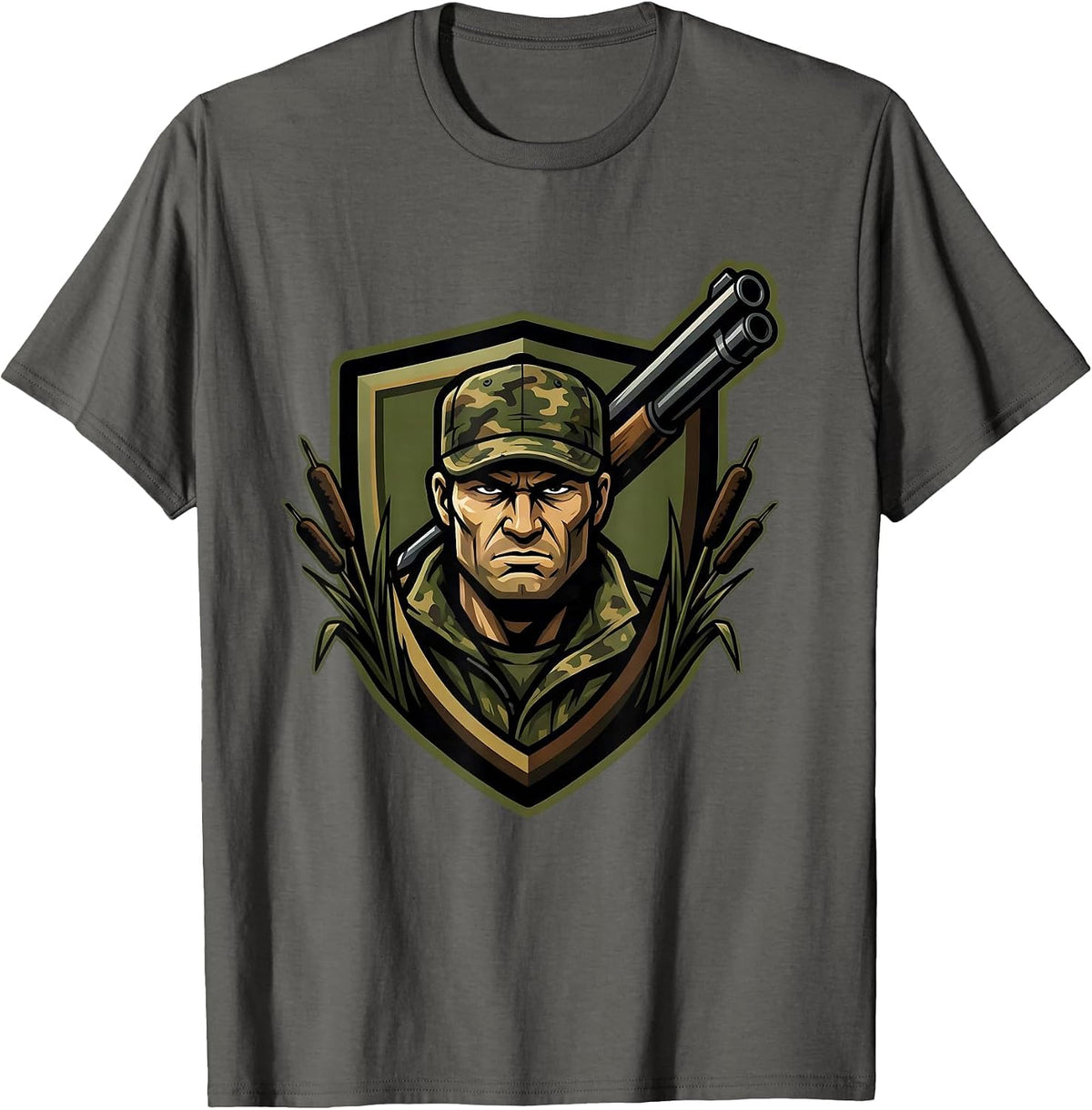 Men's Duck Hunter in Blind With Shotgun Raised T-Shirt - Asphalt Grey