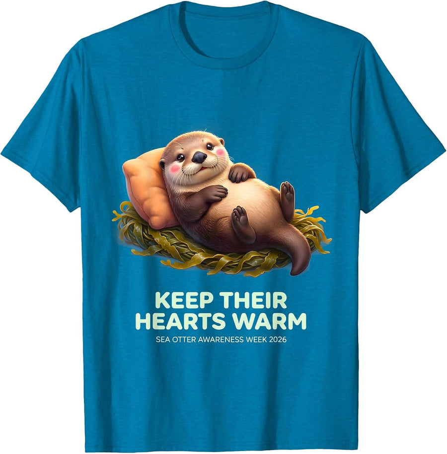 Keep Their Hearts Warm Cute Kawaii Sea Otter Awareness Week T-Shirt - Sapphire Blue