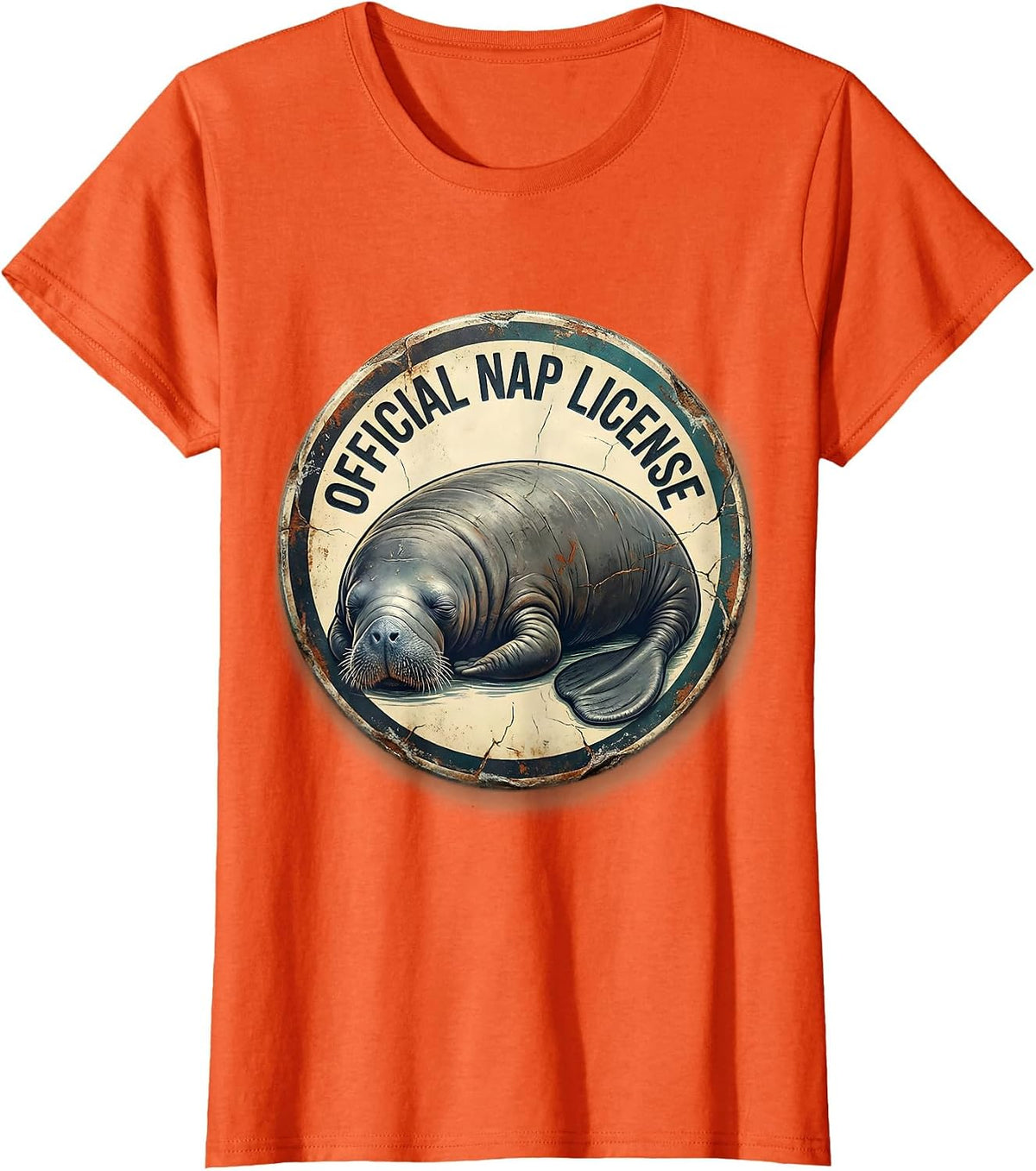 Official Nap License Distressed Manatee Wildlife Humor T-Shirt - Orange