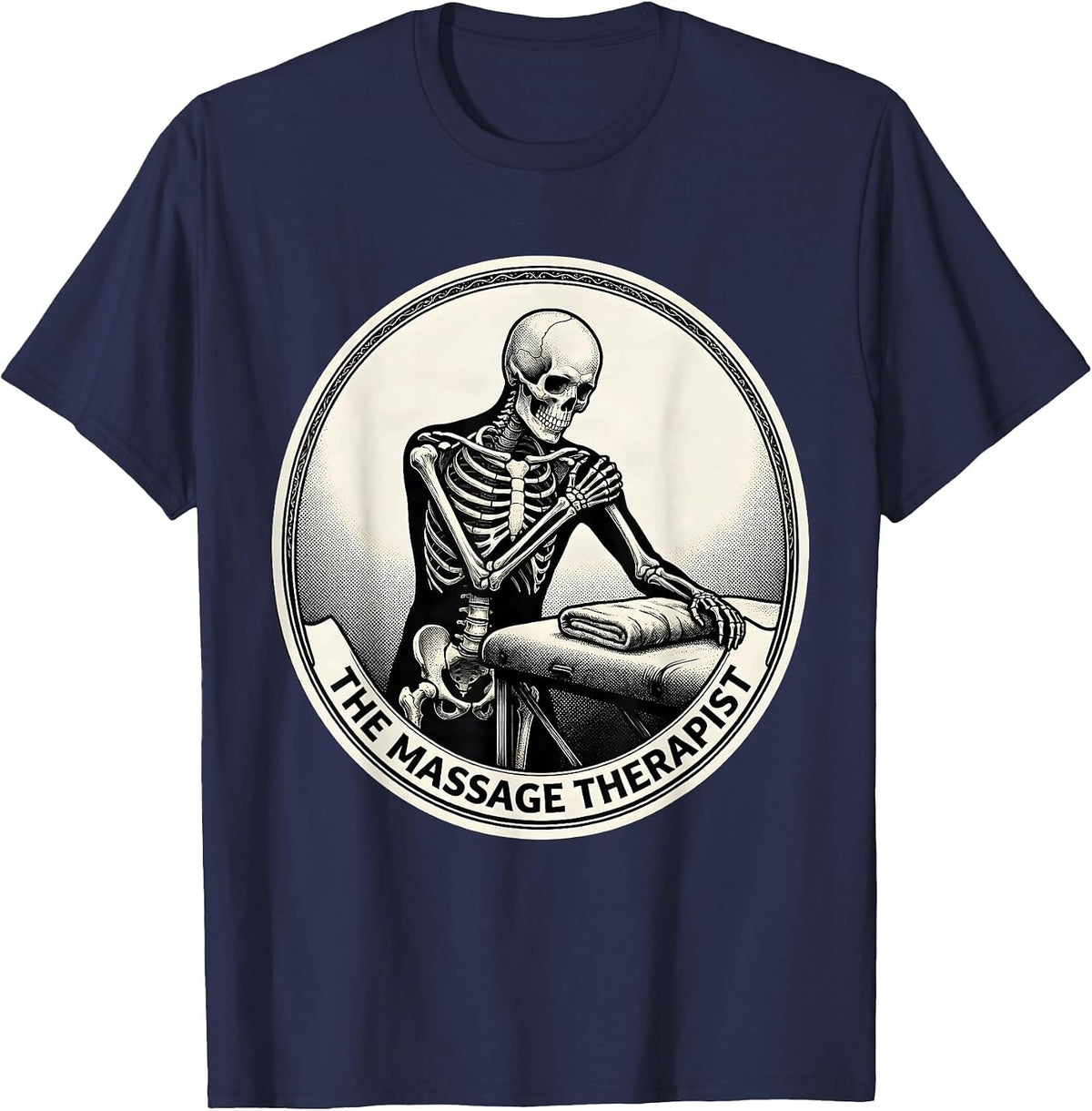 Men's The Massage Therapist Skeleton Tarot Card Halloween Humor T-Shirt - Navy Blue