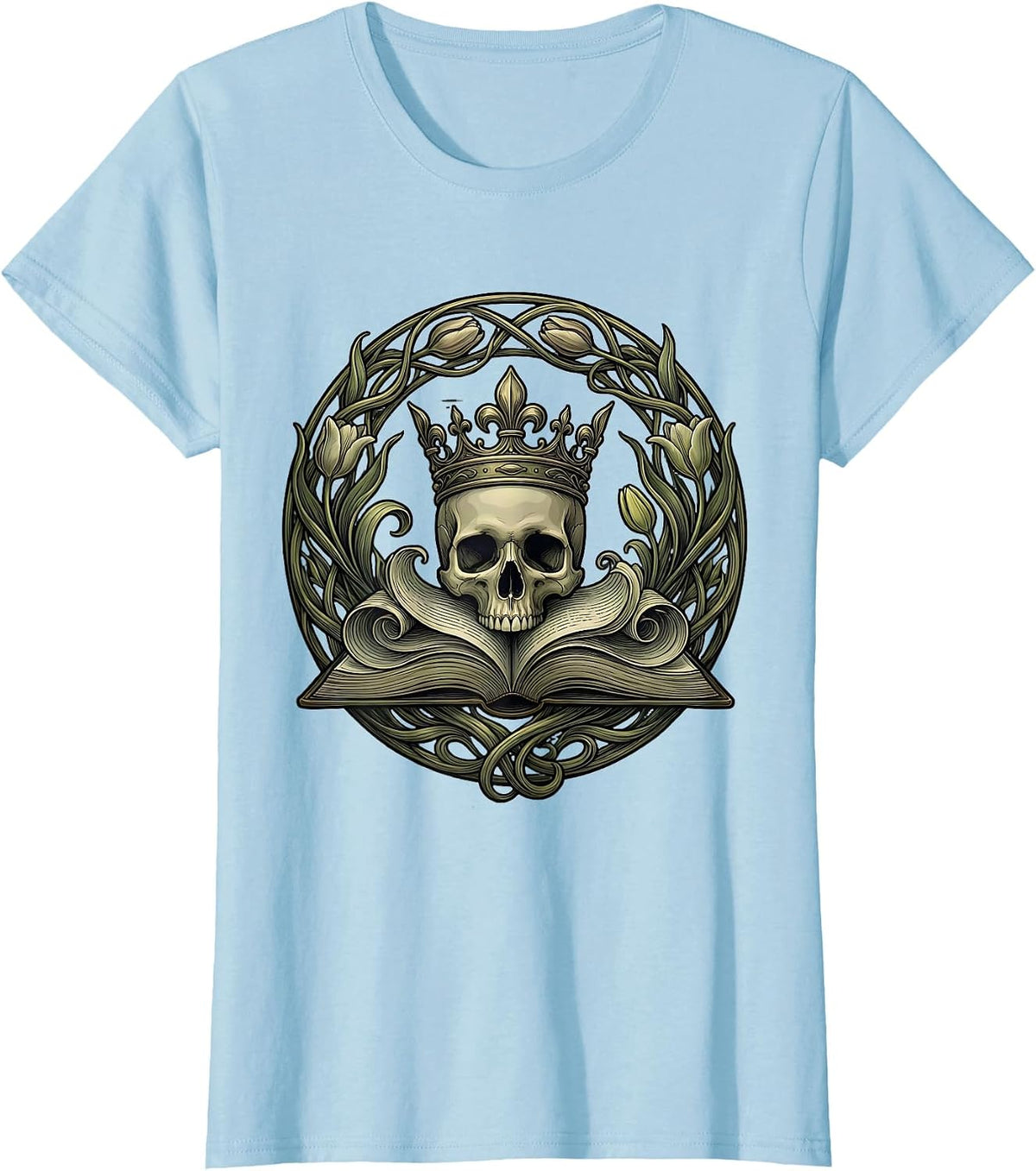 Renaissance Crowned Skull Open Book Graphic T-Shirt - Baby Blue