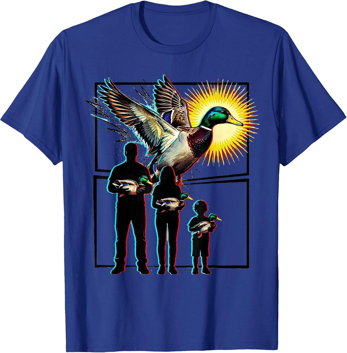 Comic Panel Mallard Duck Hunting Family Camo T-Shirt - Royal Blue
