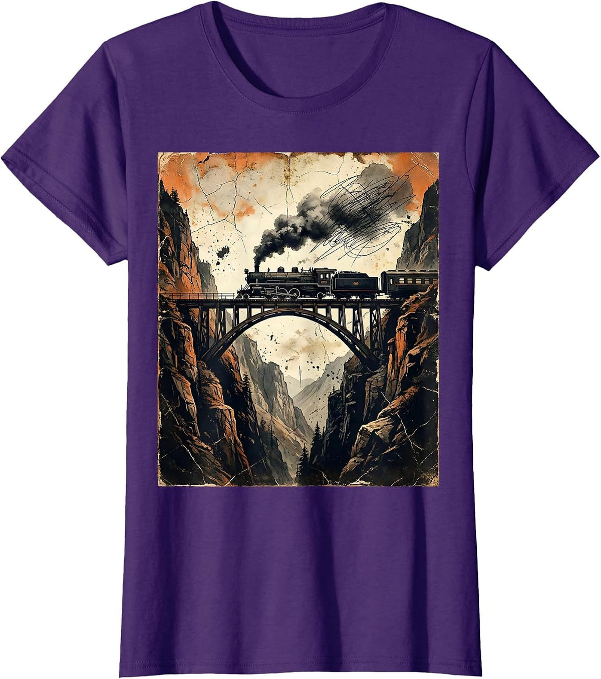 Women's Train Trestle Bridge Mountain Silhouette Graphic T-Shirt - Purple