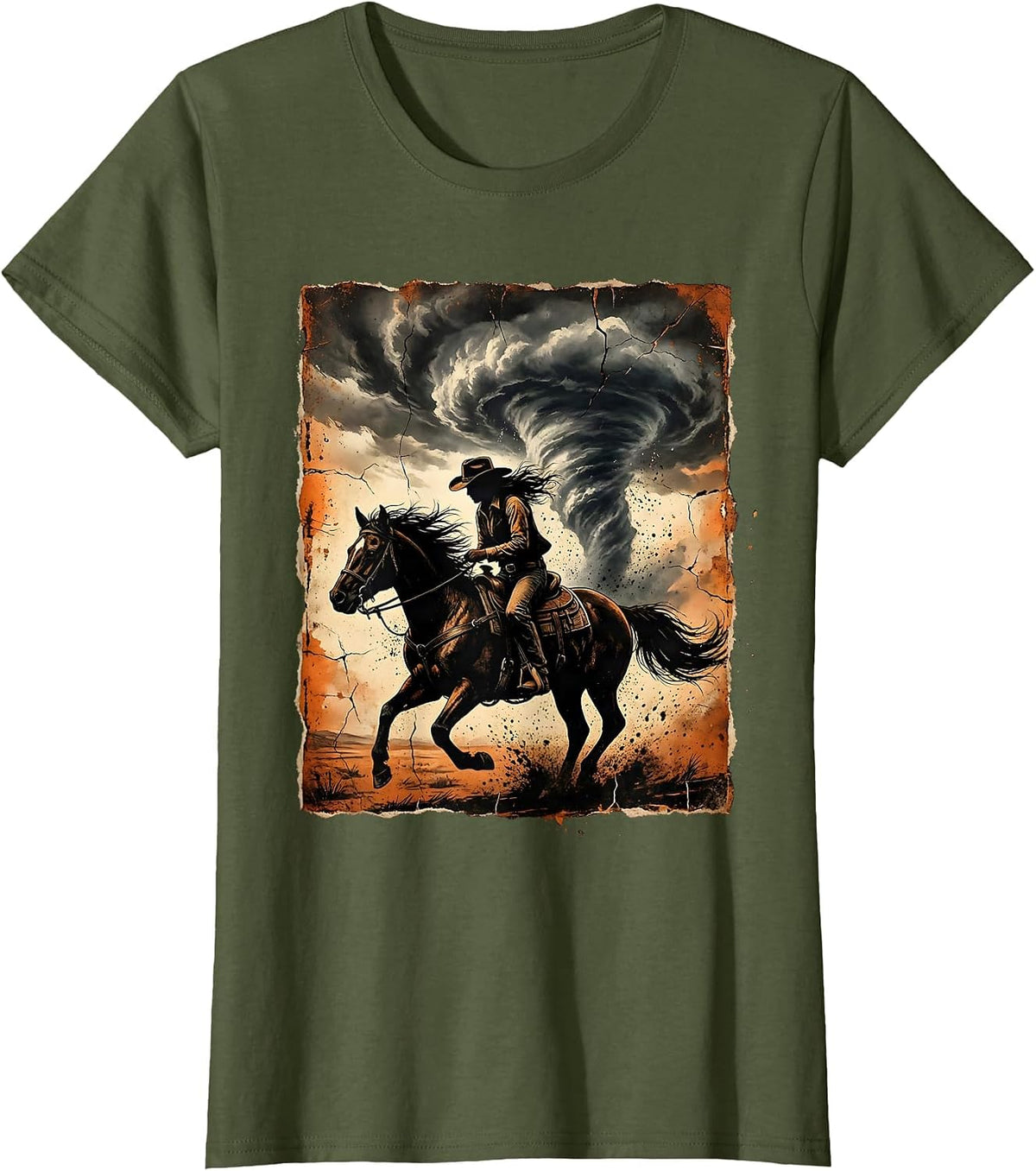 Women's Cowgirl Silhouette Riding Into Storm Clouds T-Shirt - Olive Green