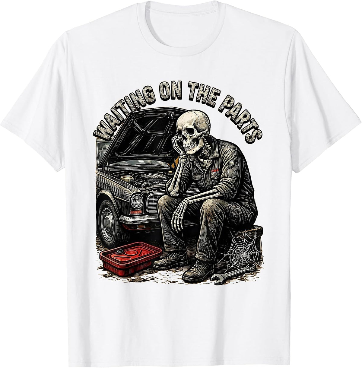 Men's Waiting On The Parts Funny Mechanic Skeleton Auto Repair T-Shirt - White
