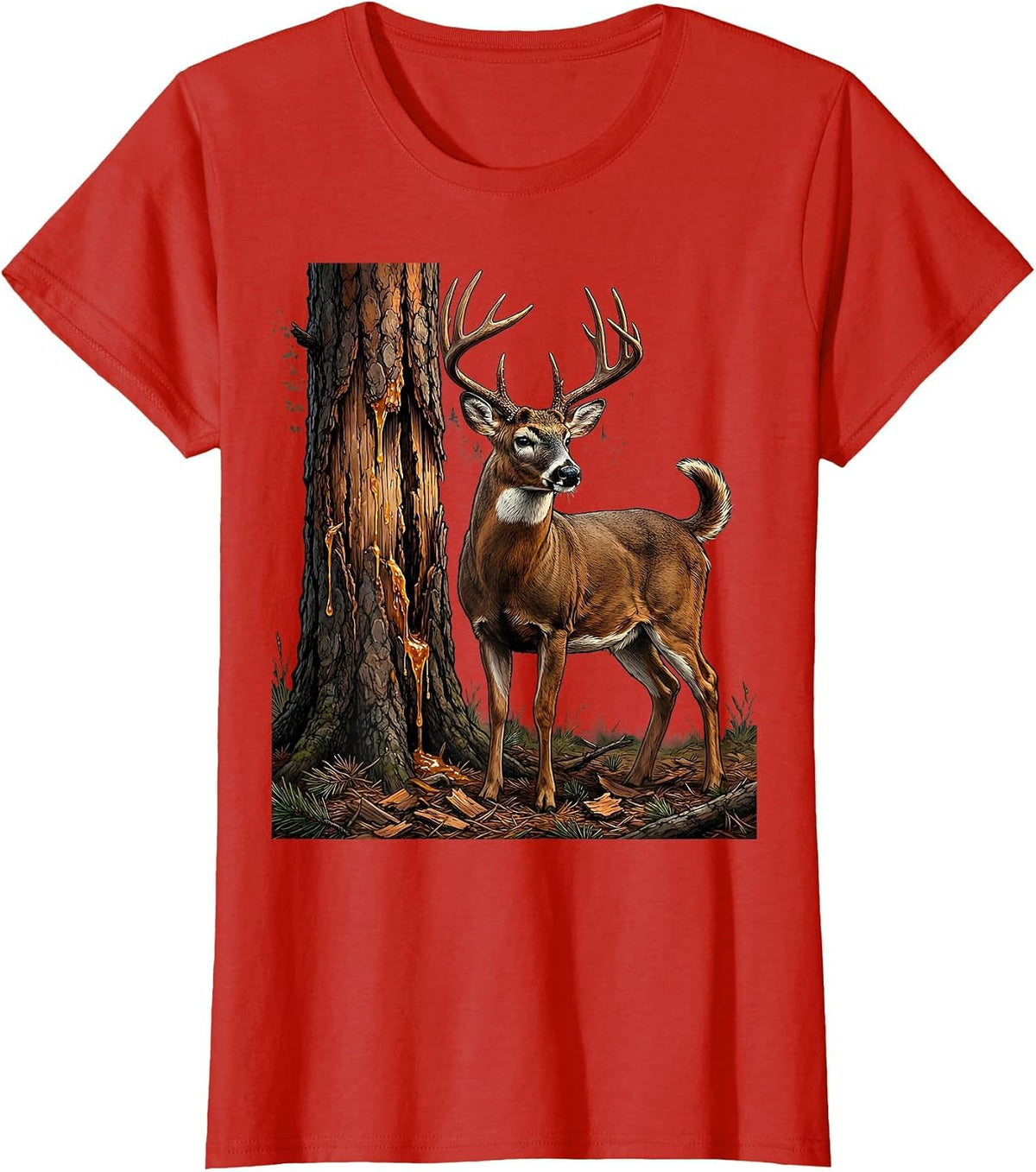 Women's Buck Rub Scarred Pine Tree Hunting Illustration T-Shirt - Red