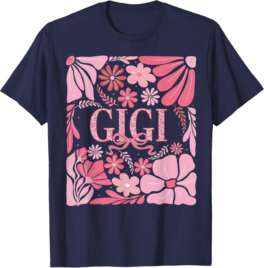 Floral Gigi Coquette Boho Grandma Mothers Day Retro Floral T-Shirt - Navy Blue