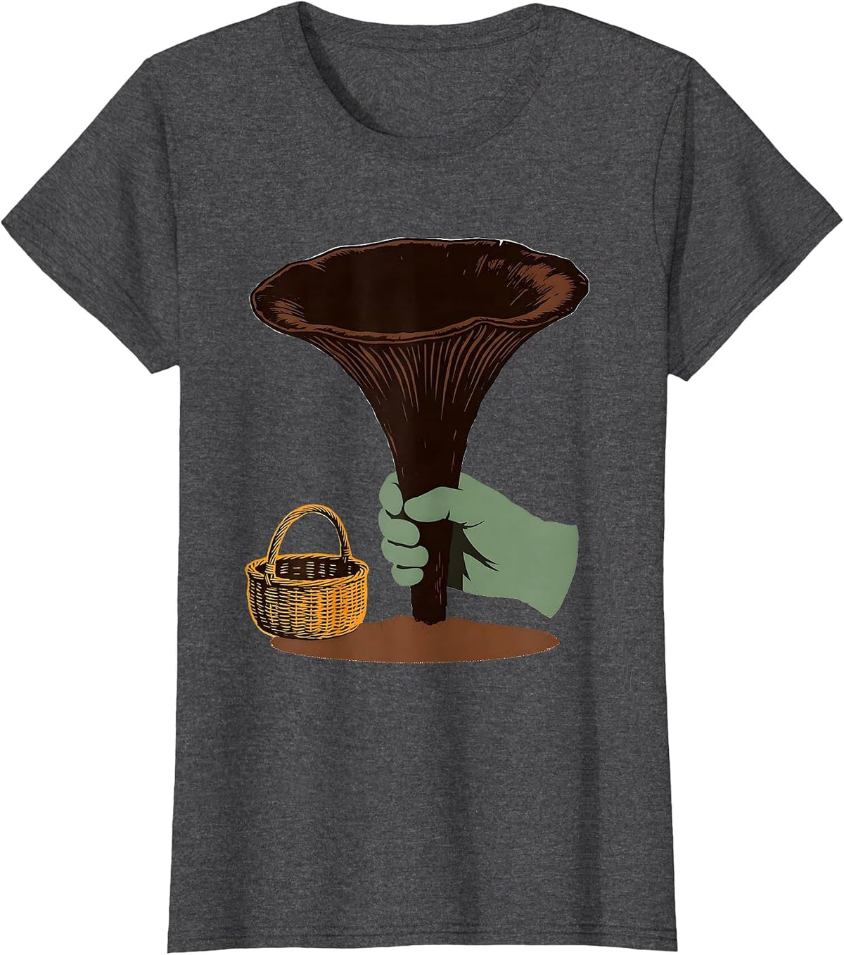 Women's Oversized Trumpet Mushroom Screenprint Retro Forager T-Shirt - Dark Heather Grey