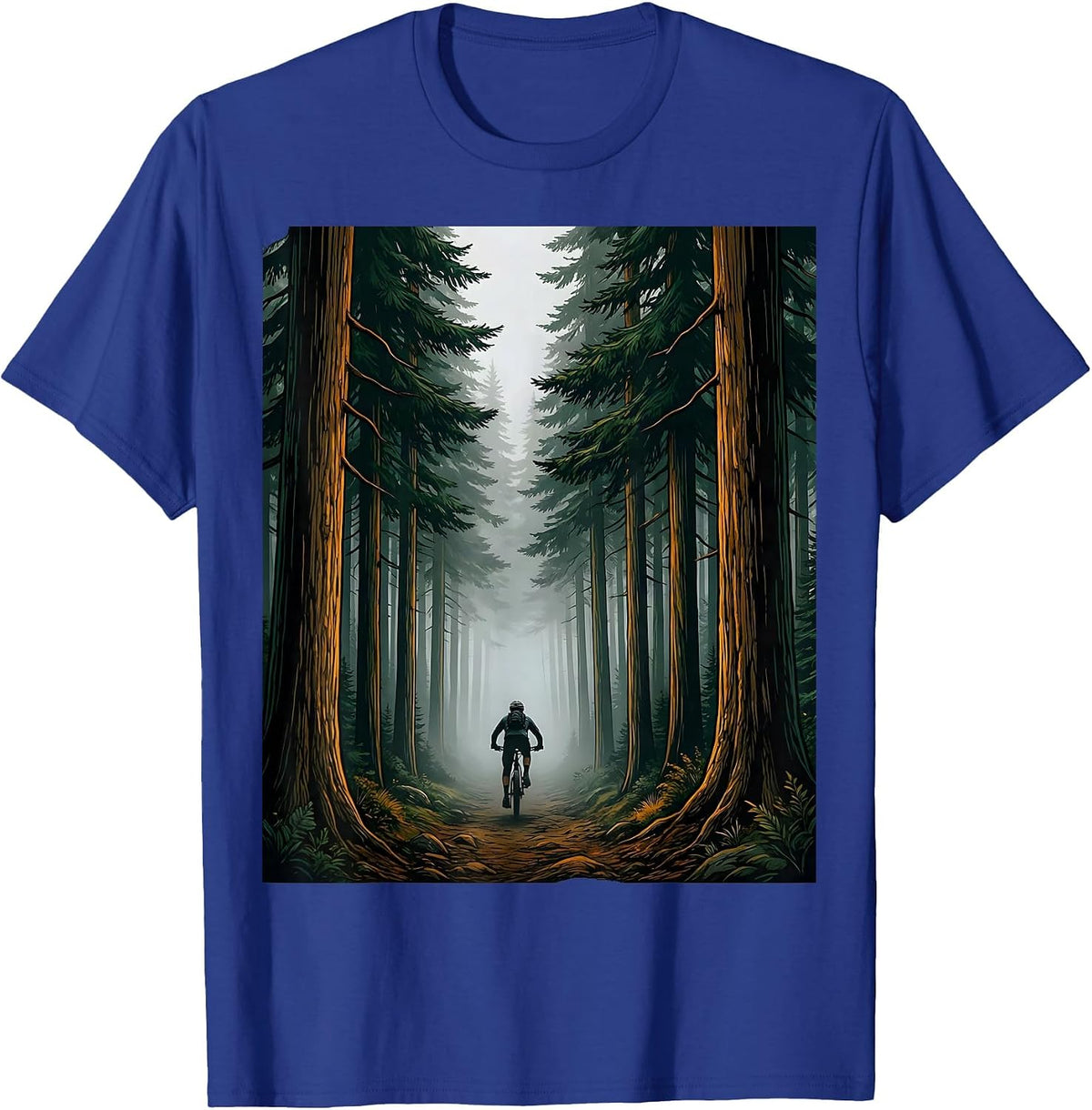 Mountain Biker Fading Into Misty Forest Graphic T-Shirt - Royal Blue