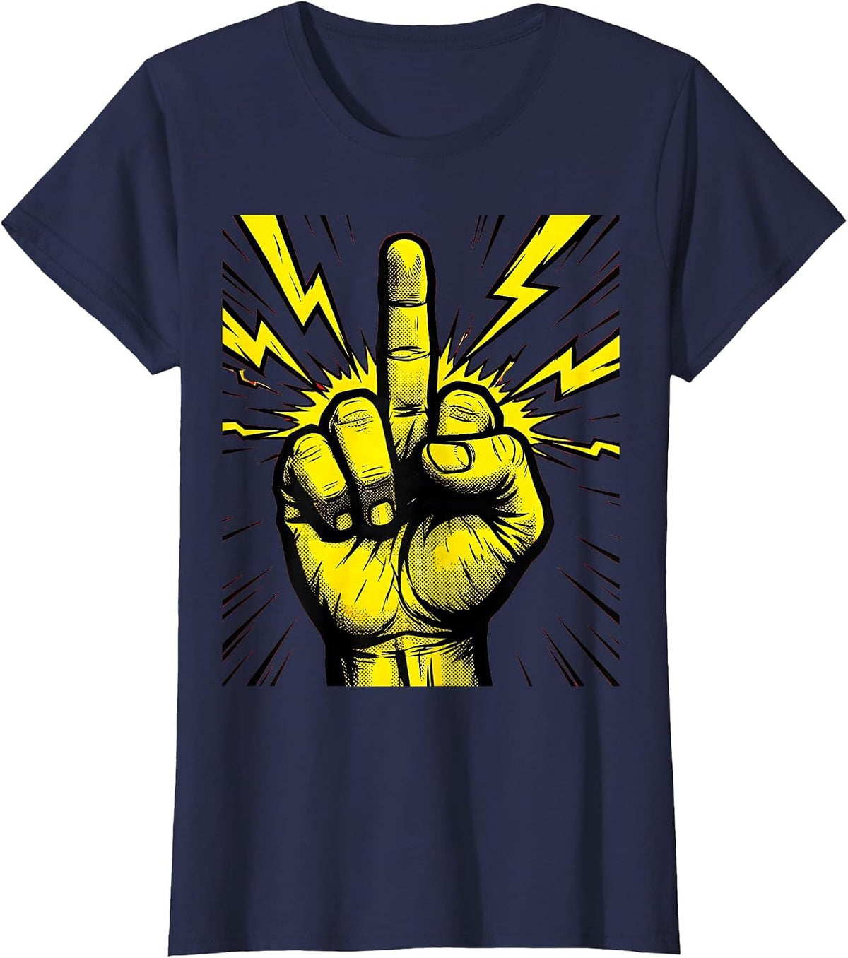 Women's Middle Finger Lightning Bolt Graphic Design T-Shirt - Navy Blue