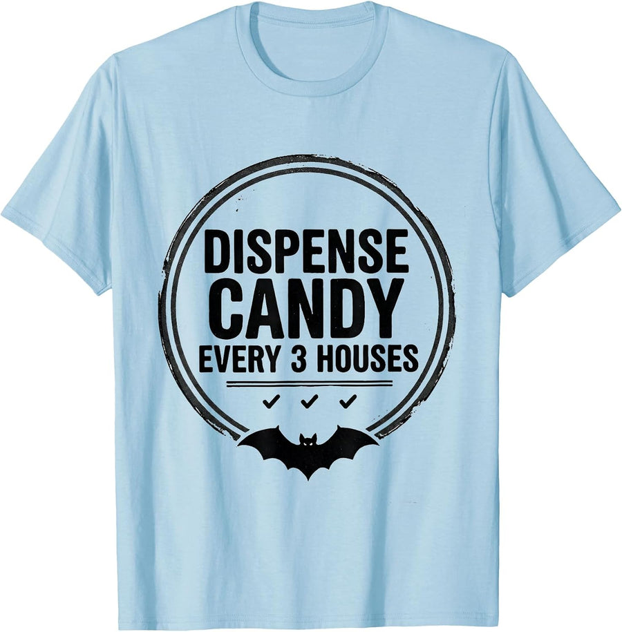 Men's Dispense Candy Every 3 Houses Funny Pharmacy Tech Halloween T-Shirt - Baby Blue