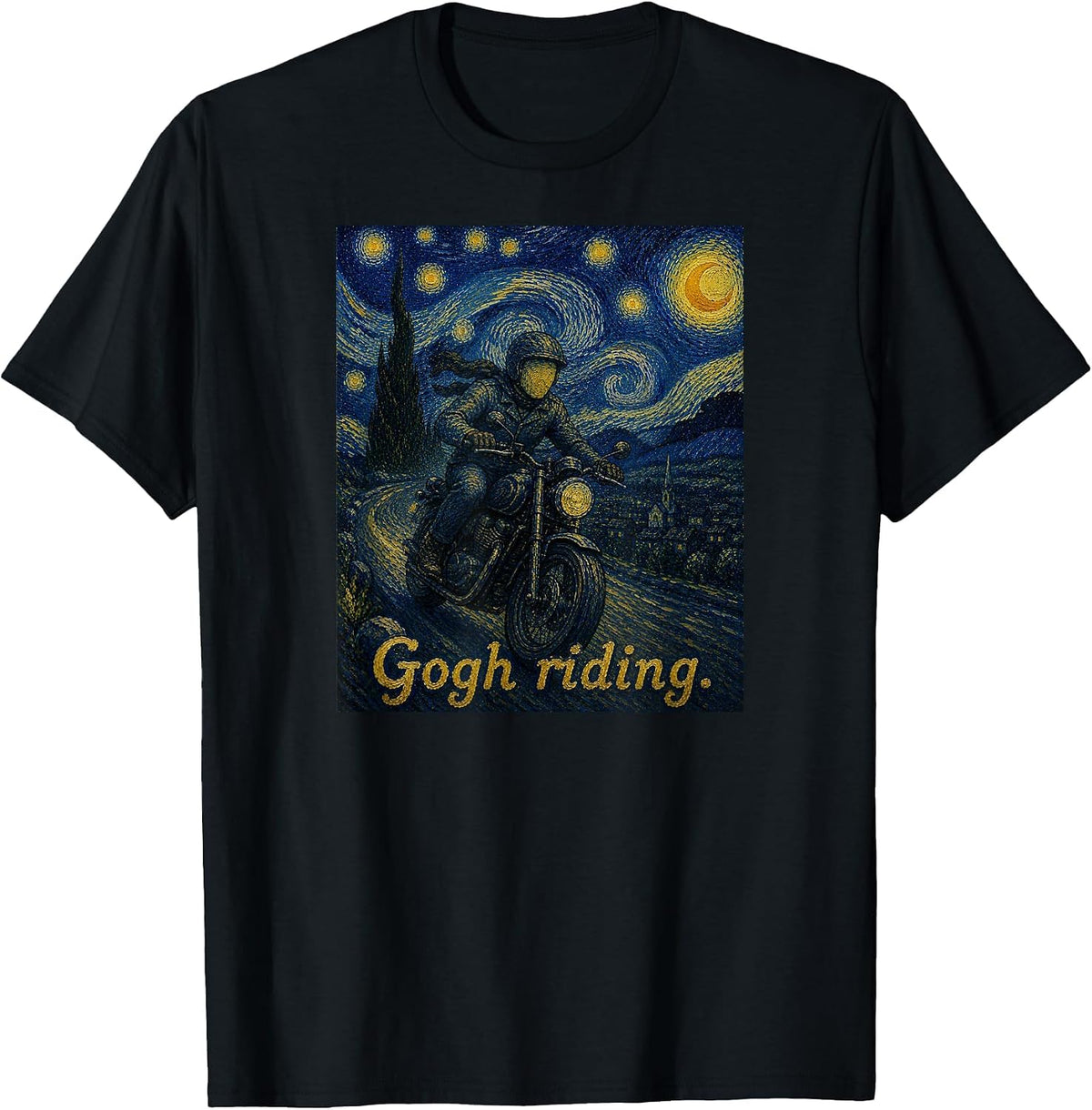 Gogh Riding Motorcycle Funny Van Gogh Motorbike Rider Biker T-Shirt - Black