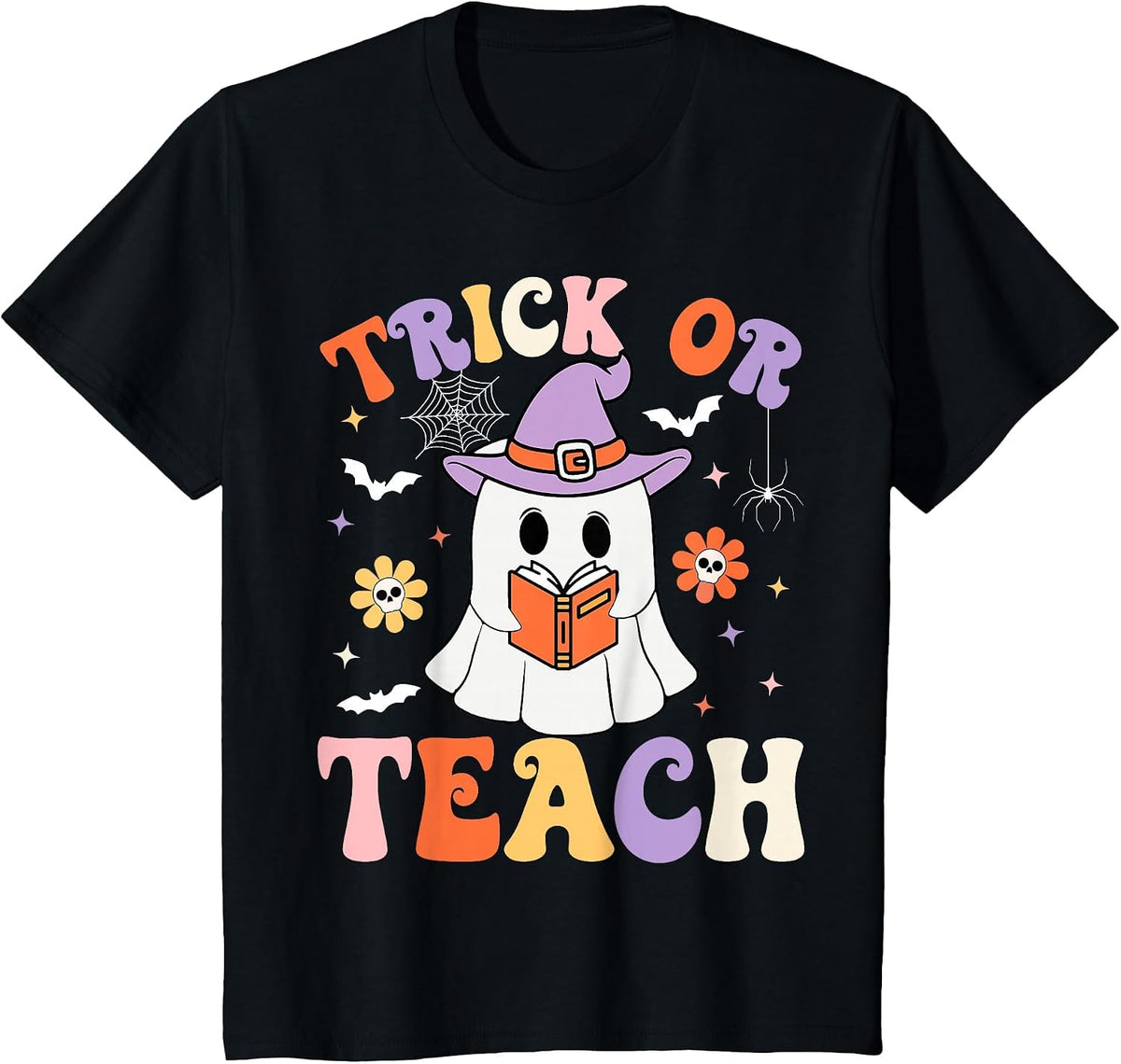 Trick Or Teach Teacher Groovy Ghost Funny Halloween Teacher T-Shirt - Black