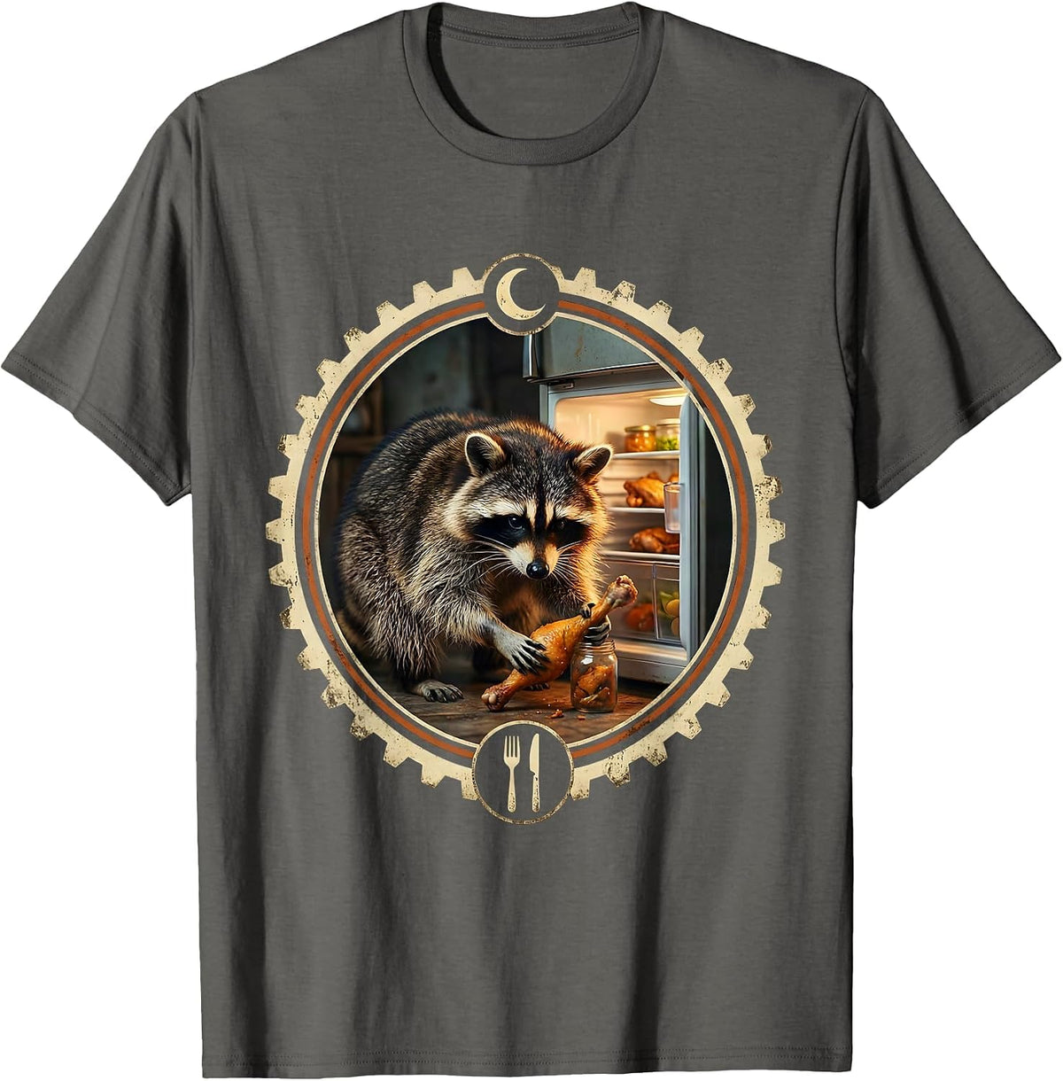Midnight Raccoon Fridge Raid Funny Graphic Tee T-Shirt - Asphalt Grey