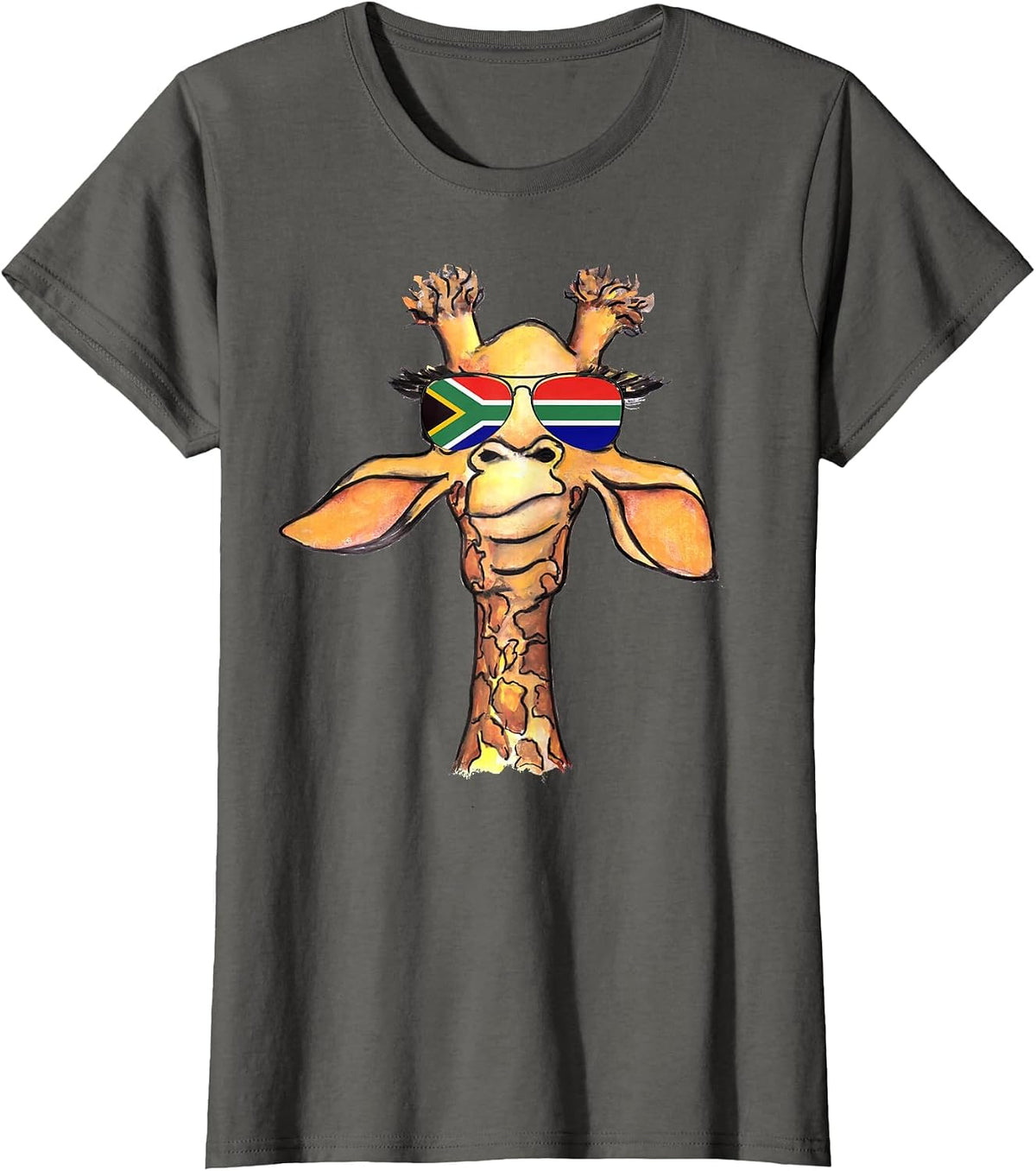 Funny Cute Giraffe with Aviator Sunglasses South Africa Flag T-Shirt - Asphalt Grey