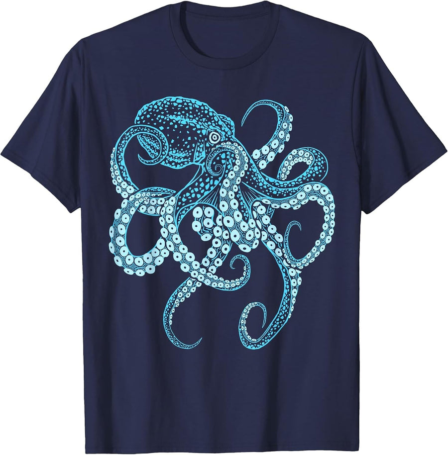 Octopus deep-sea Blue Kraken in Combat Stance T-Shirt - Navy Blue
