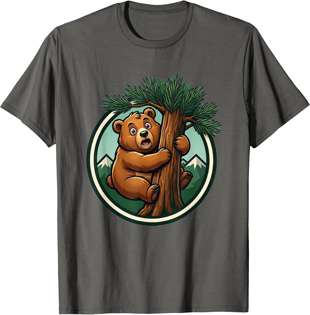 Bear Cub Climbing Pine Tree Nature Illustration T-Shirt - Asphalt Grey