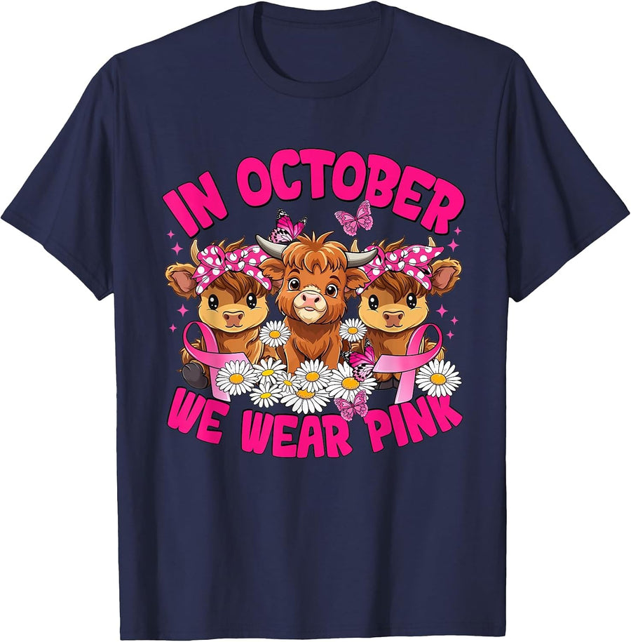 in October We Wear Pink Breast Cancer Highland Cow T-Shirt - Navy Blue