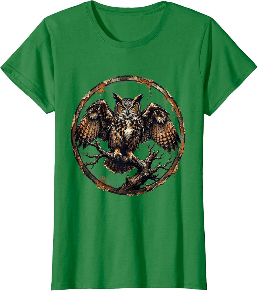 Women's Great Horned Owl Bottomland Camo Hunting Design T-Shirt - Kelly Green